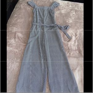 Blue and white off the shoulder jumpsuit